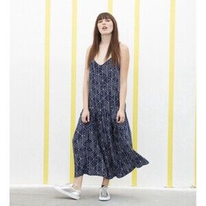 Ali Golden Women's Dress Sz XS Spaghetti Strap Navy Print Rayon Midi Drop Waist